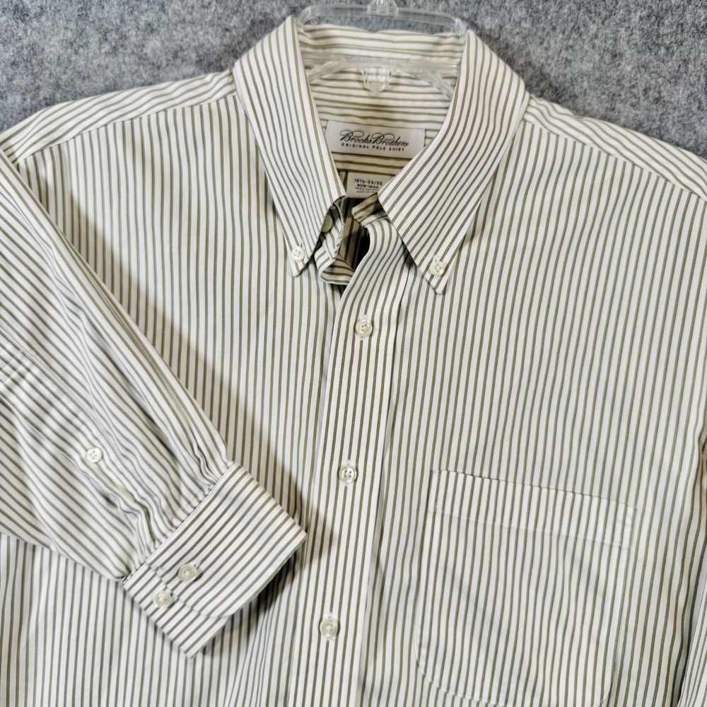 Brooks Brothers Shirt Mens 16.5 White Green Stripe Original Polo Button Down
